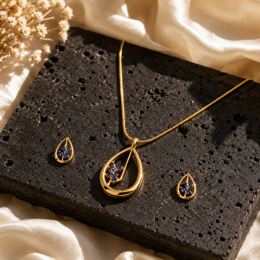 Azure Dewdrop Pendant & Stud Set – 24K Gold Plated