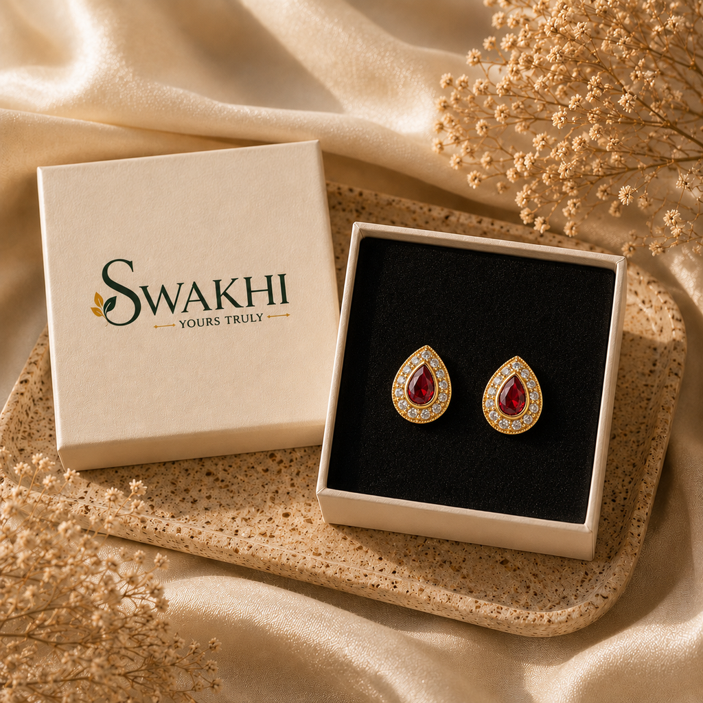 Ruby Red Teardrop Studs - 24K Gold Plated