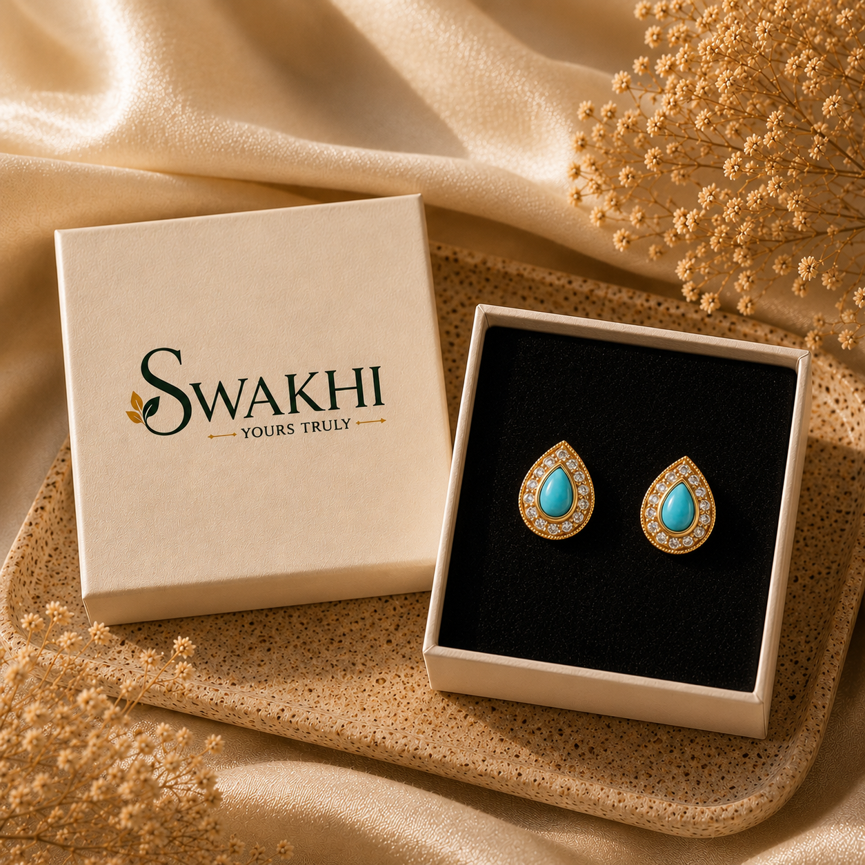 Turquoise-Blue Teardrop Studs - 24K Gold Plated