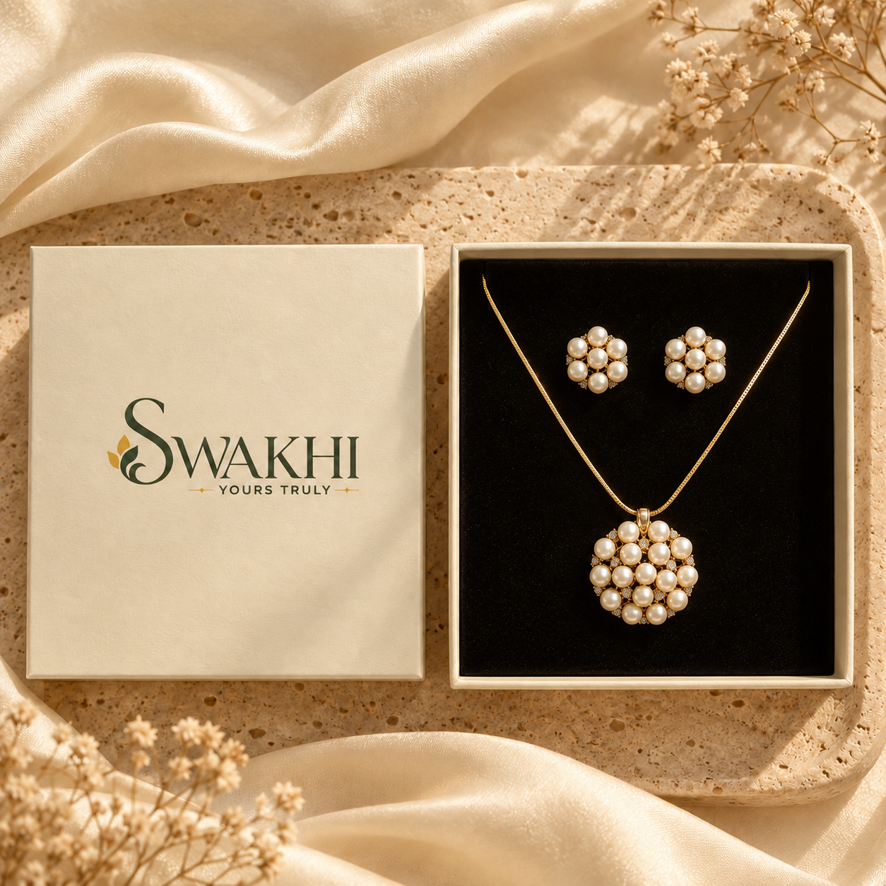 Pearl Blossom Pendant & Stud Set – 24K Gold Plated