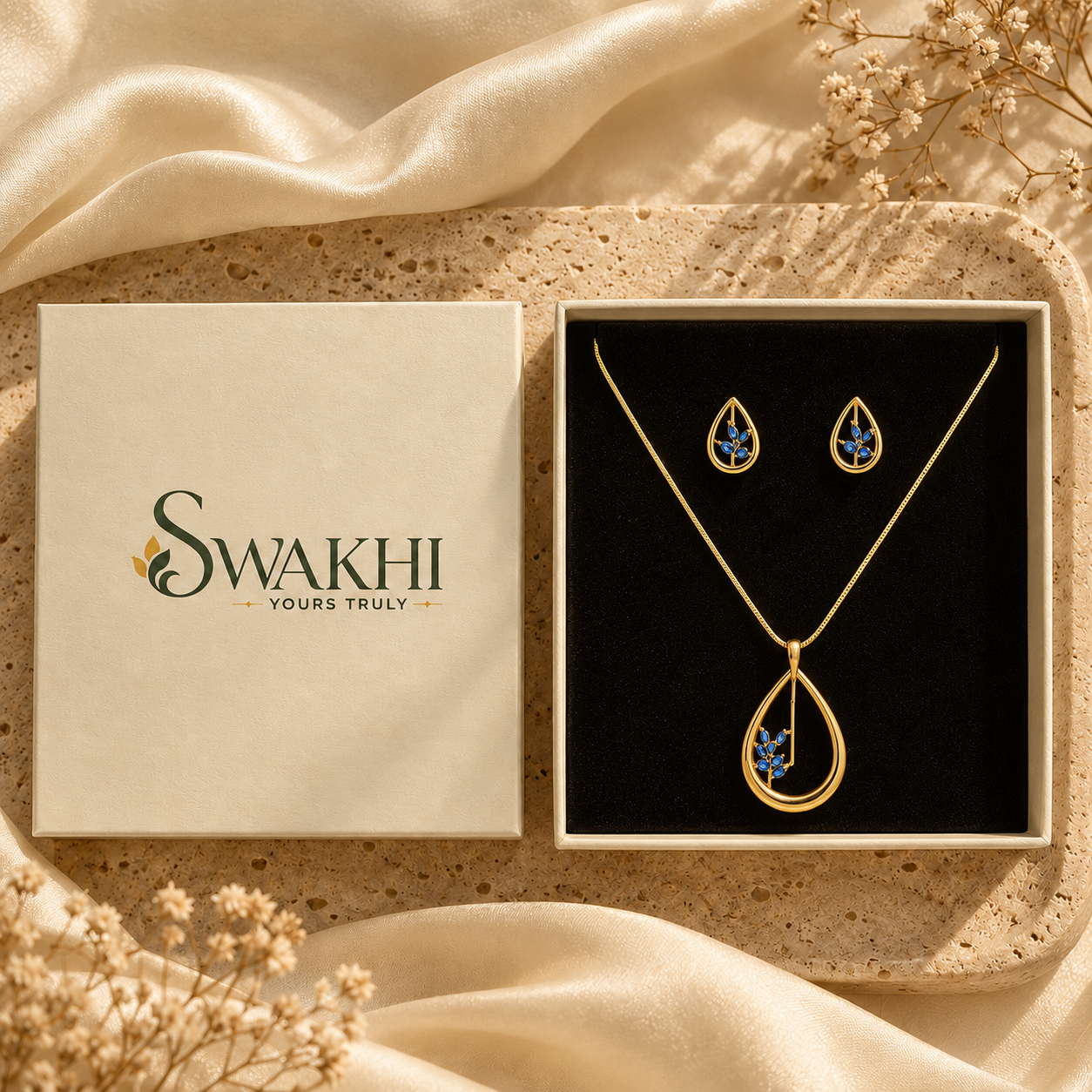 Azure Dewdrop Pendant & Stud Set – 24K Gold Plated