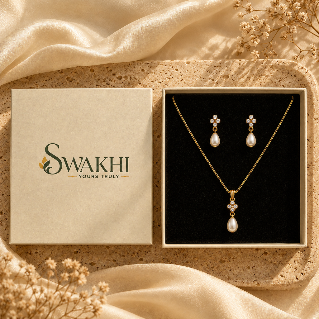 Pearl Drop Pendant & Earrings- 24k Gold Plated
