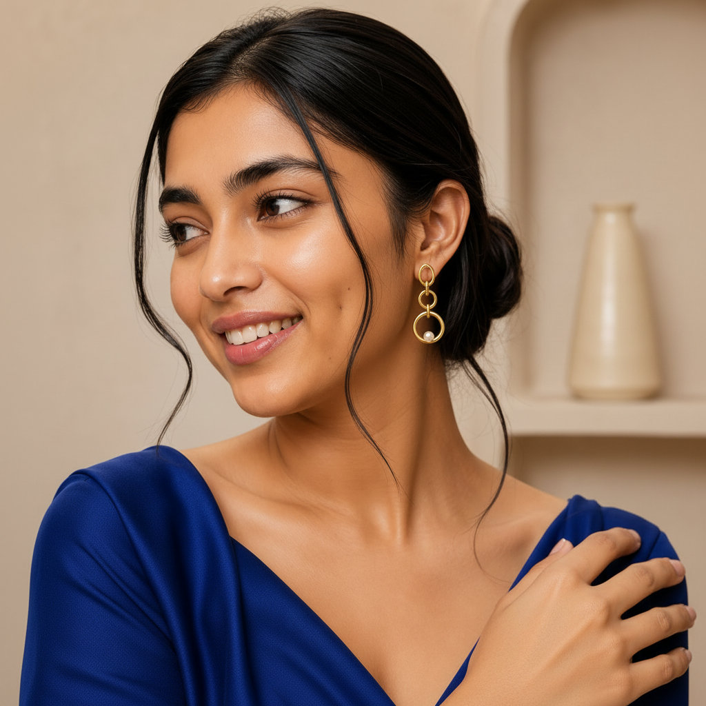 A woman with dark hair in a low bun wearing a pair of gold drop earrings with interlocking circular rings, dressed in a royal blue top against a warm beige background.