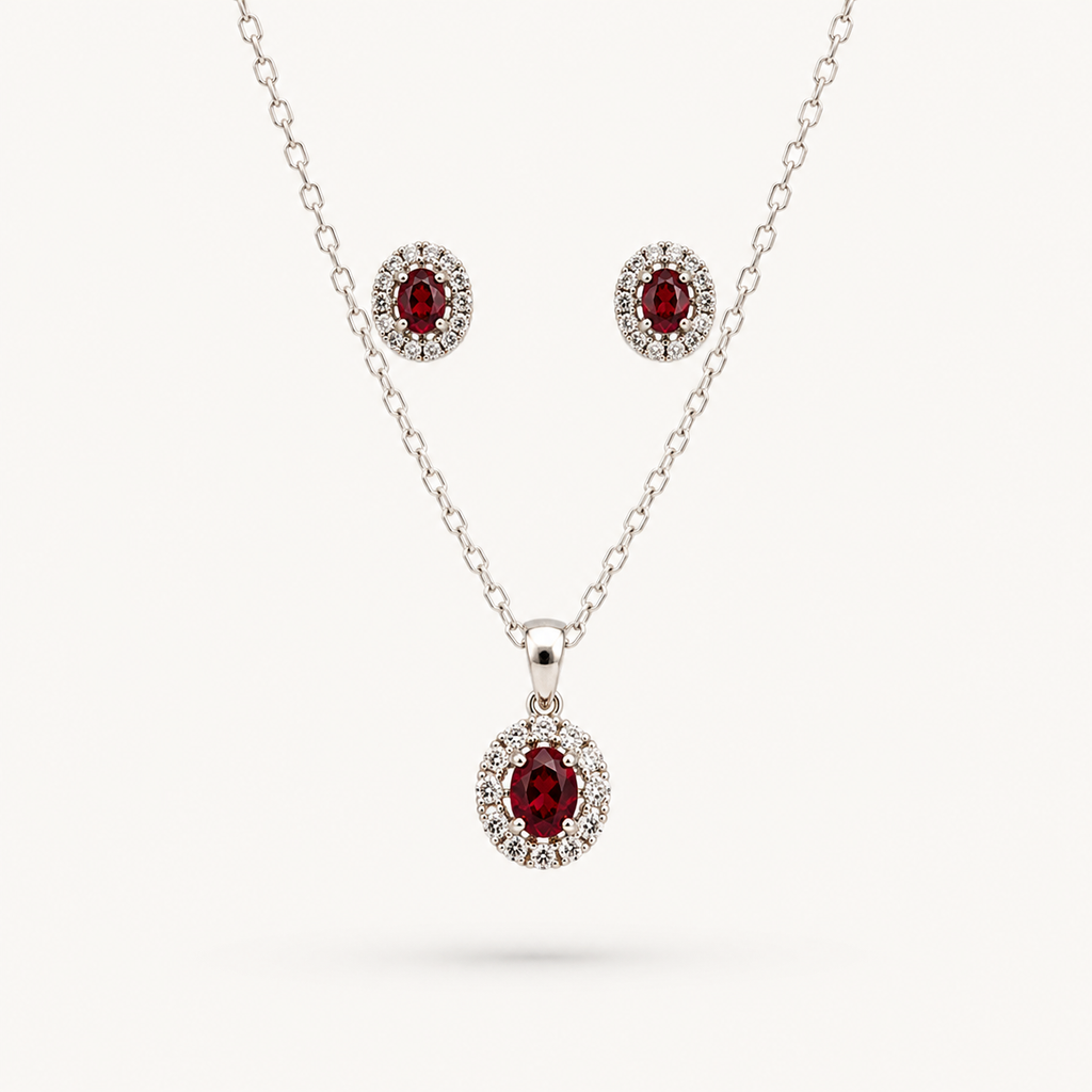 pendant and earrings featuring red gemstones_White BG