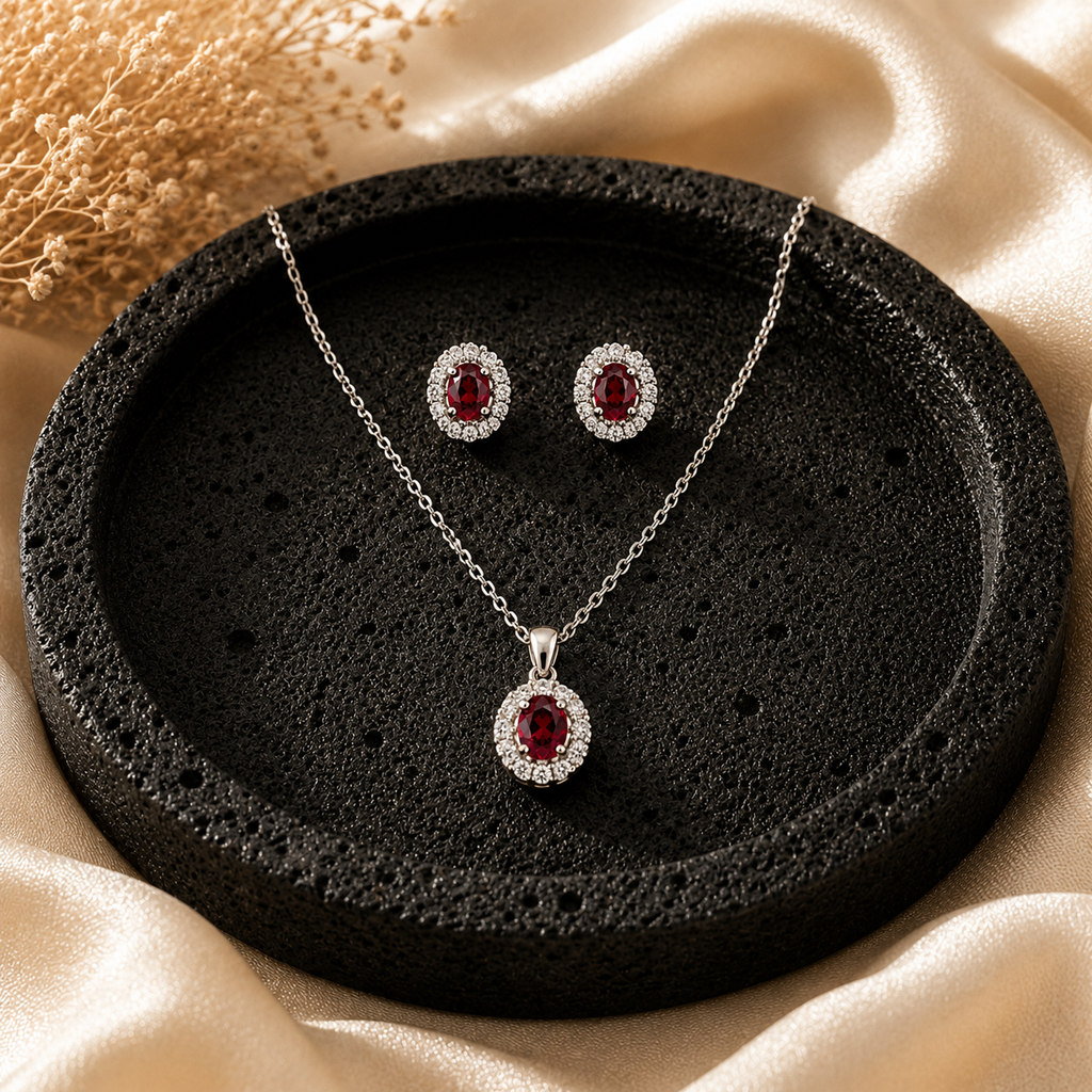 Pendant and earrings on a black stone plate with a beige fabric background