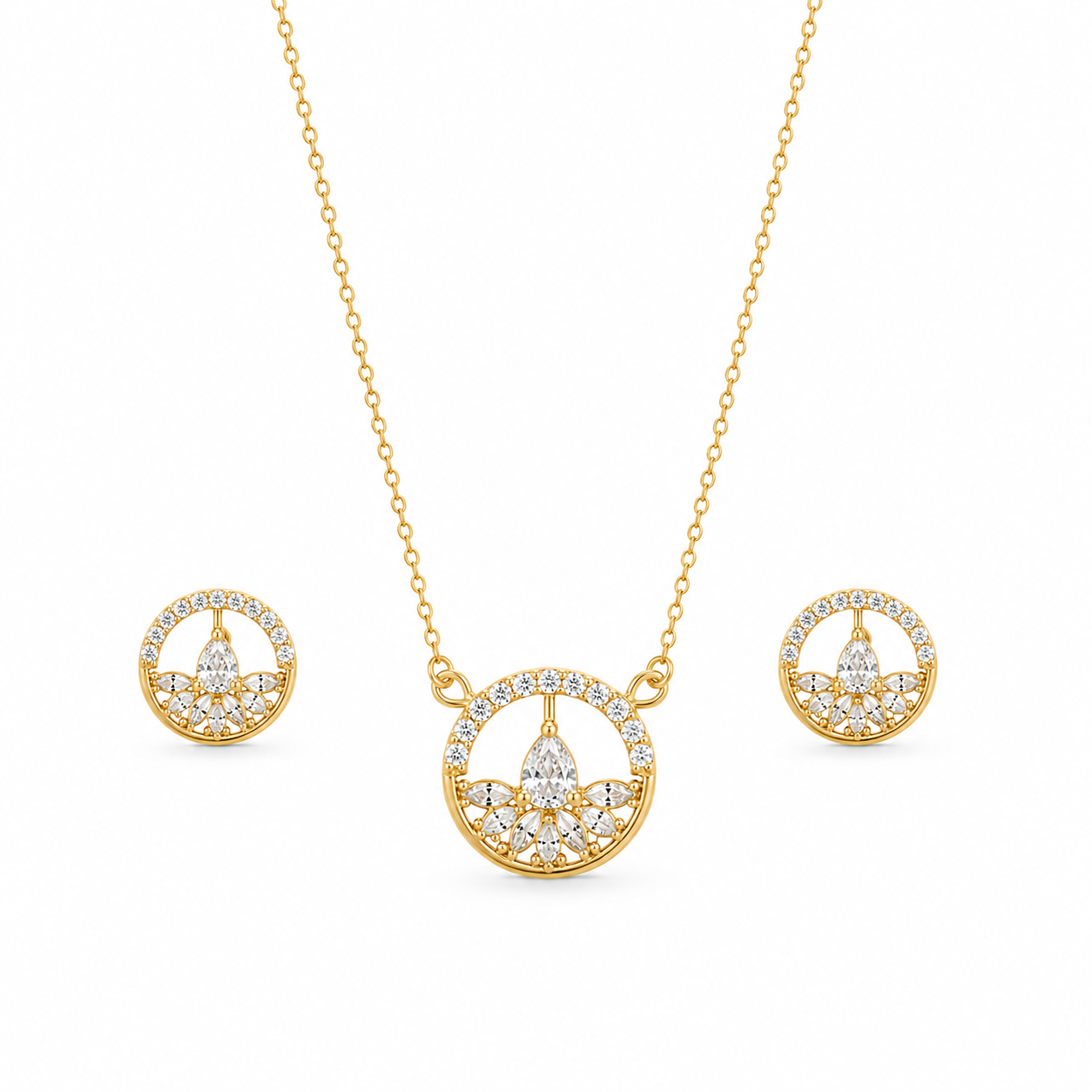 Floral Halo Pendant & Stud set with diamond accents on a white background