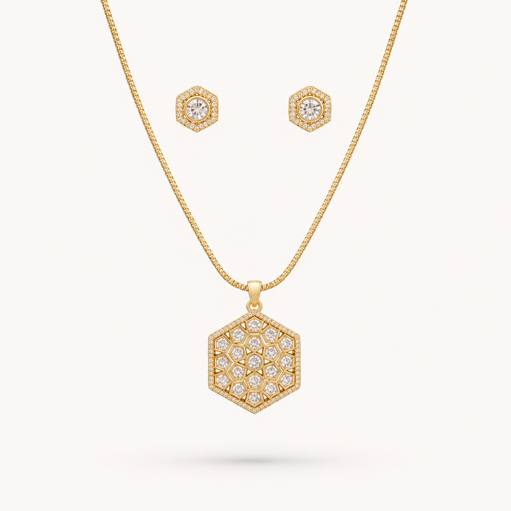 Gold necklace and earrings set on a white background