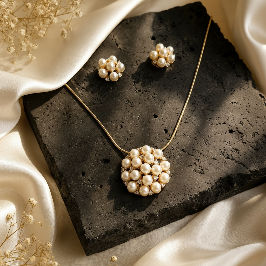Gold jewelry set featuring a necklace and matching earrings with round clusters of white faux pearls.