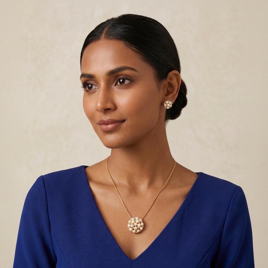 A woman with dark hair with Pearl Blossom Pendant & Stud Set. wearing western dress in style