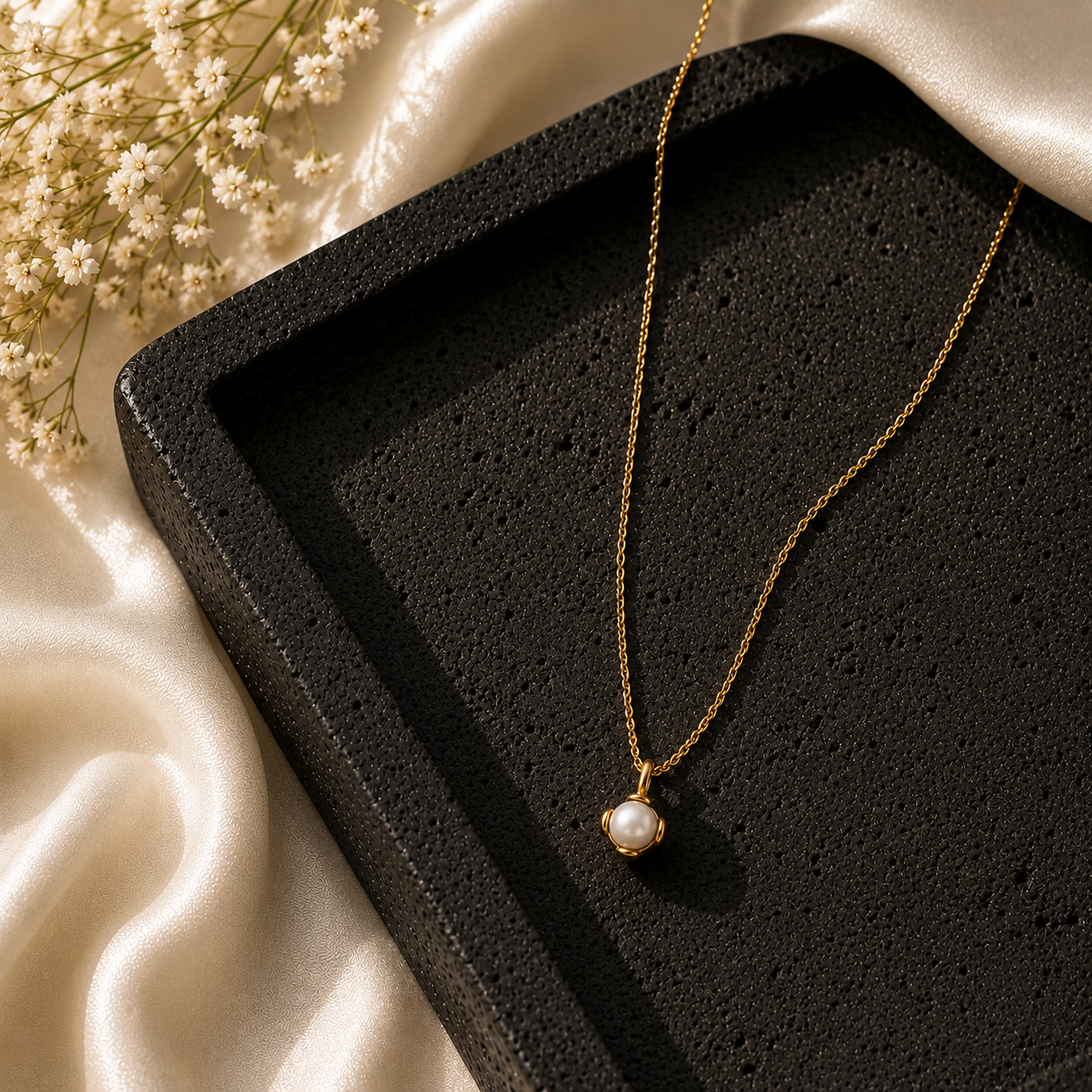 Pearl Solitaire Pendant with black stone tray