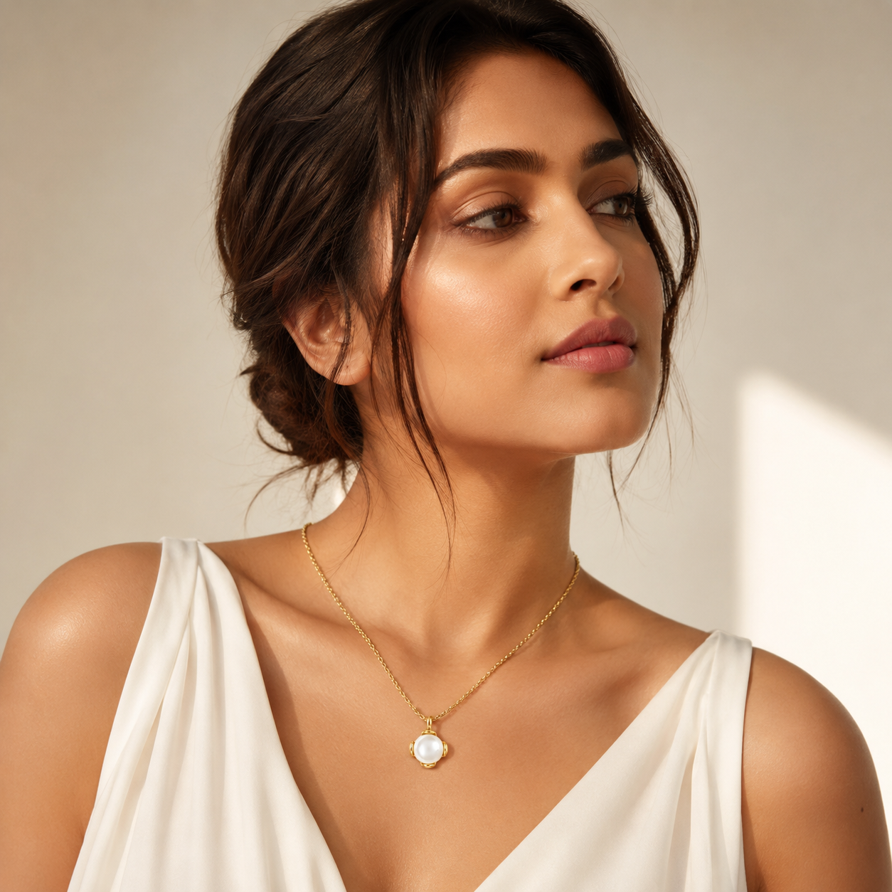 Woman wearing Pearl Solitaire Pendant against a neutral background