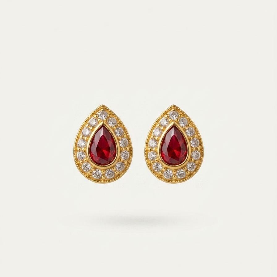 Ruby Red Teardrop Studs_White BG