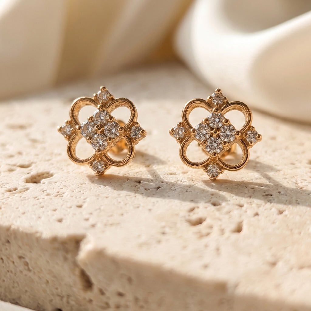 Clover Diamond Studs -24K Gold Plated