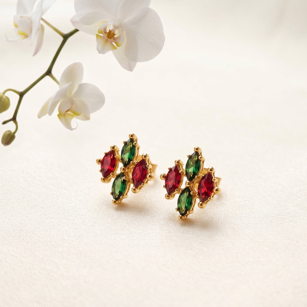 Floral Gem Studs - 24K Gold Plated